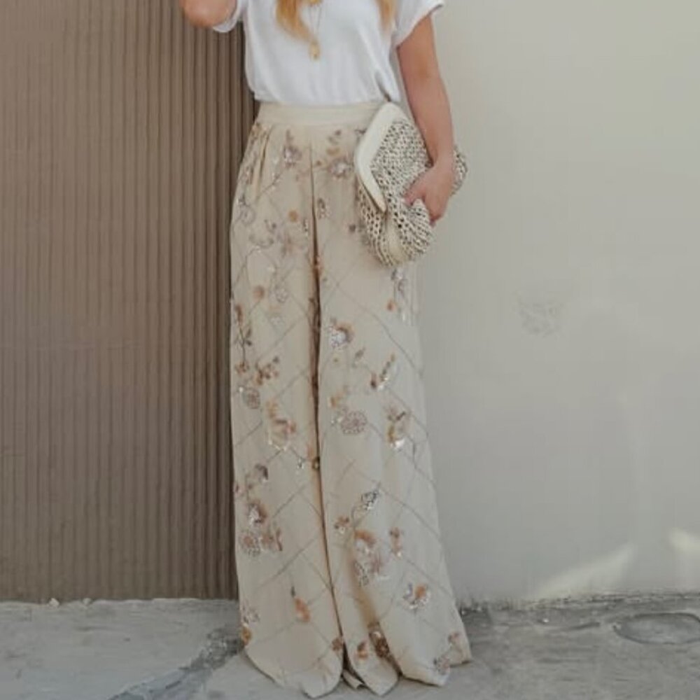 La Fuori Embroidered Wide Leg Pants - Cream Small